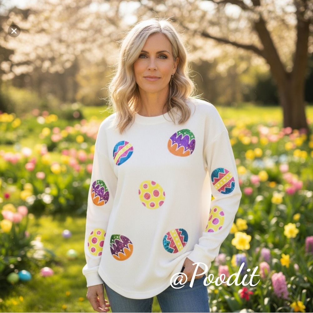 Corded oversized white sequin eggs pull over S M L XL 2XL - Picture 2 of 7